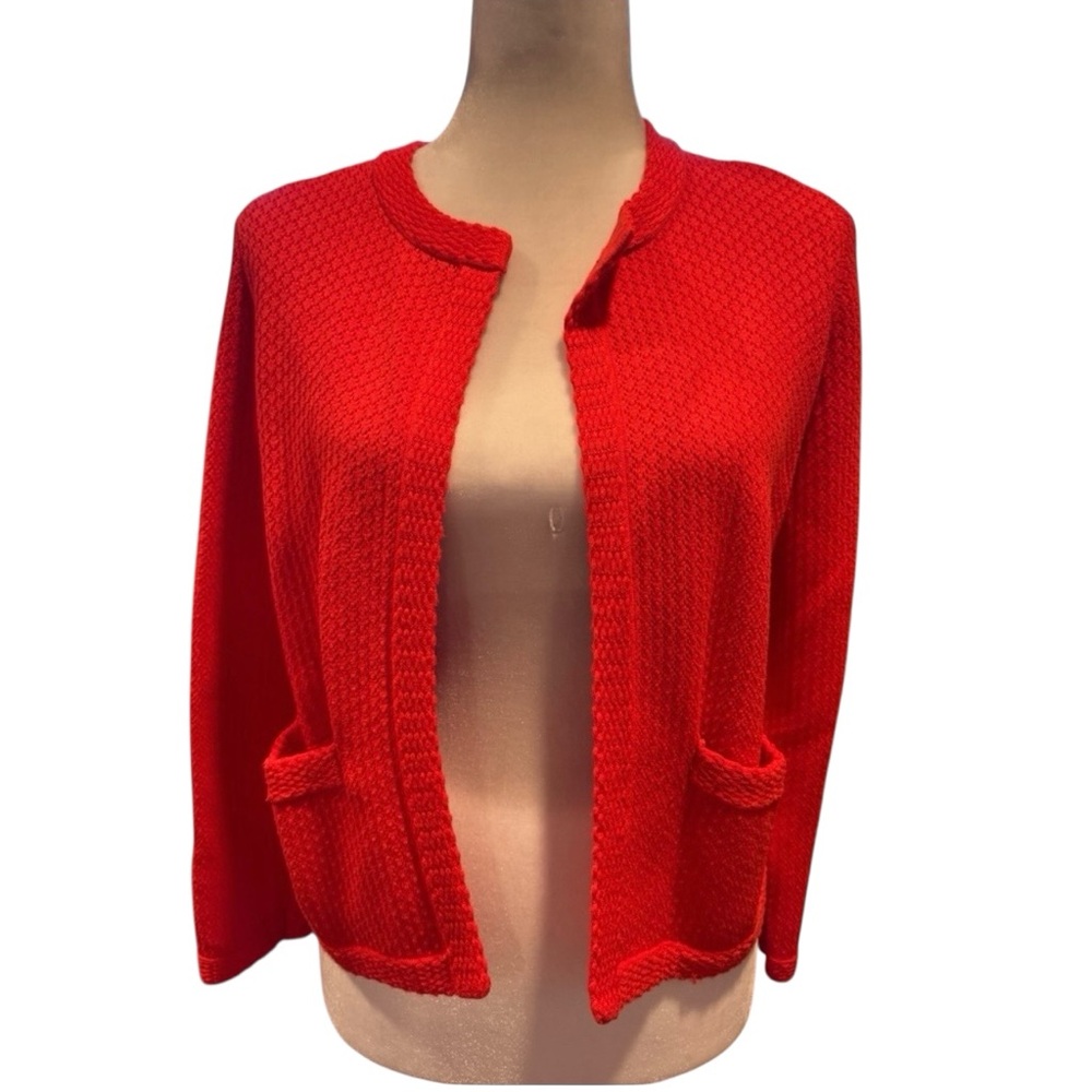 Ann Taylor Sweater Orange/Red Poppy Color size Small Long Sleeve 2 Front pockets